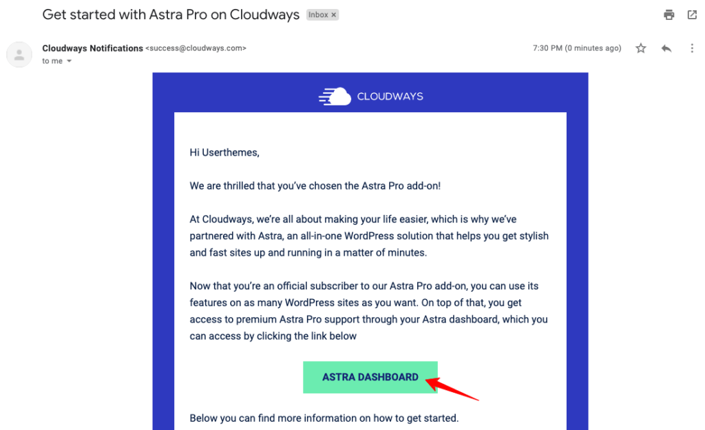 astra-pro-dashboard-cloudways-email