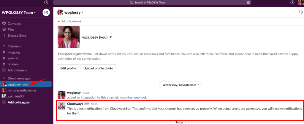 cloudways-slack-integration-test-message