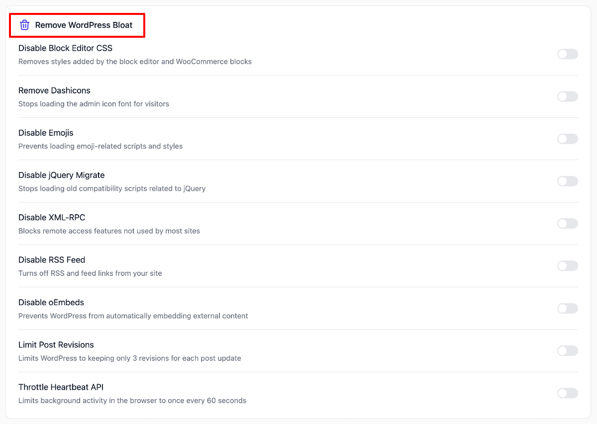 FlyingPress Bloat Settings FlyingPress Bloat Settings