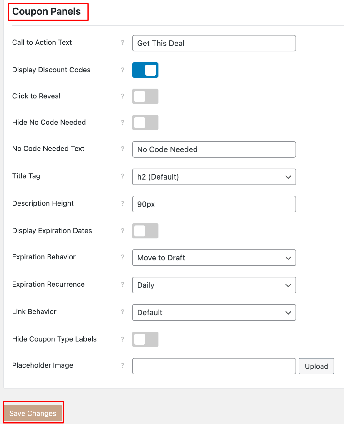 Coupon Panel Settings