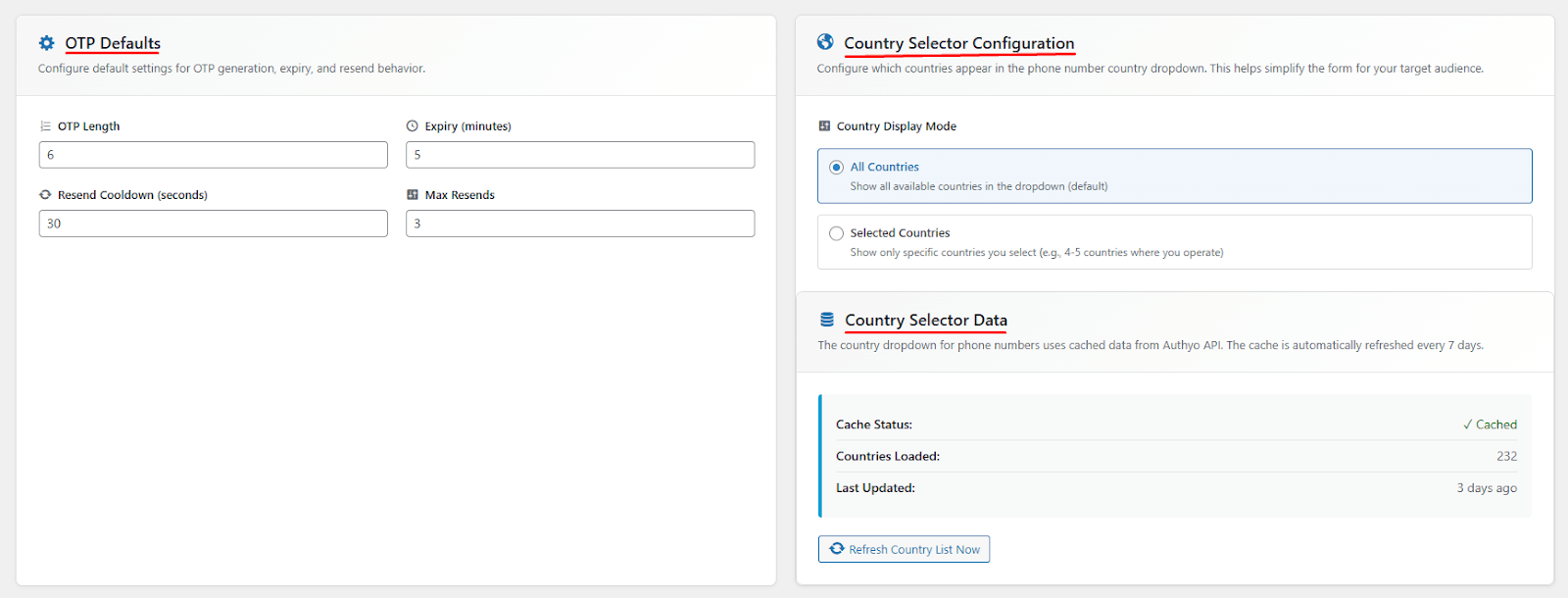 Authyo Default OTP Country Selection